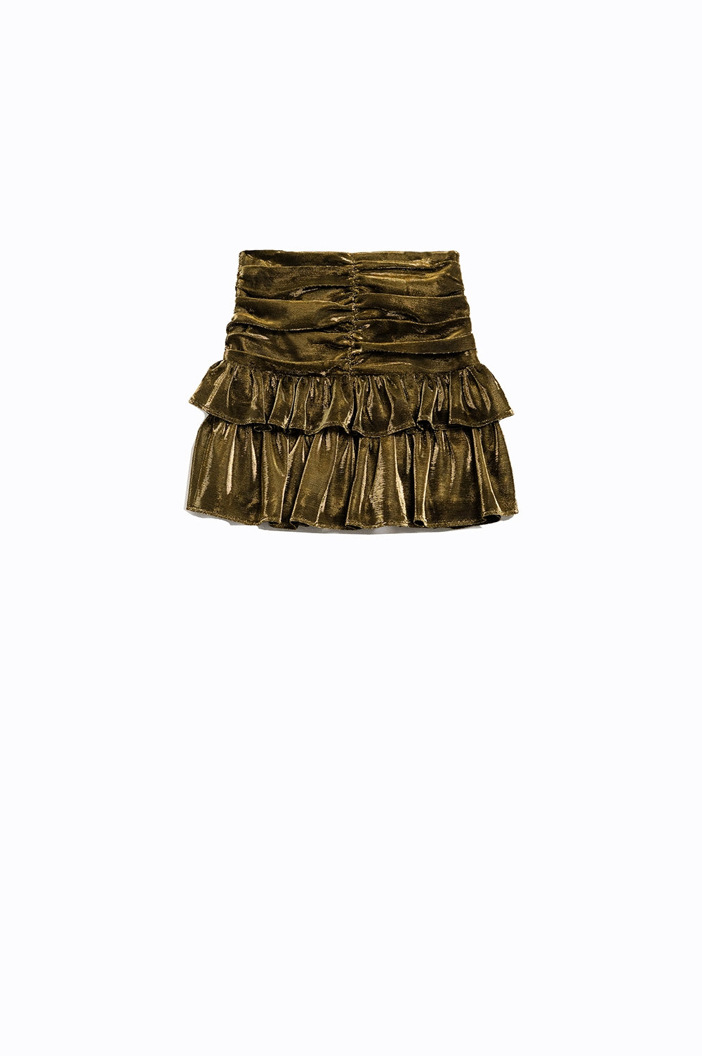 Q2 Green Short Skirt with Ruched and Metallic Design