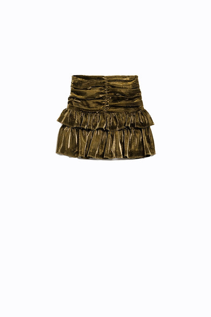 Q2 Green Short Skirt with Ruched and Metallic Design