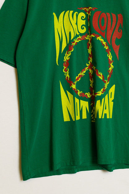 green short sleeve t-shirt with Make love not war logo