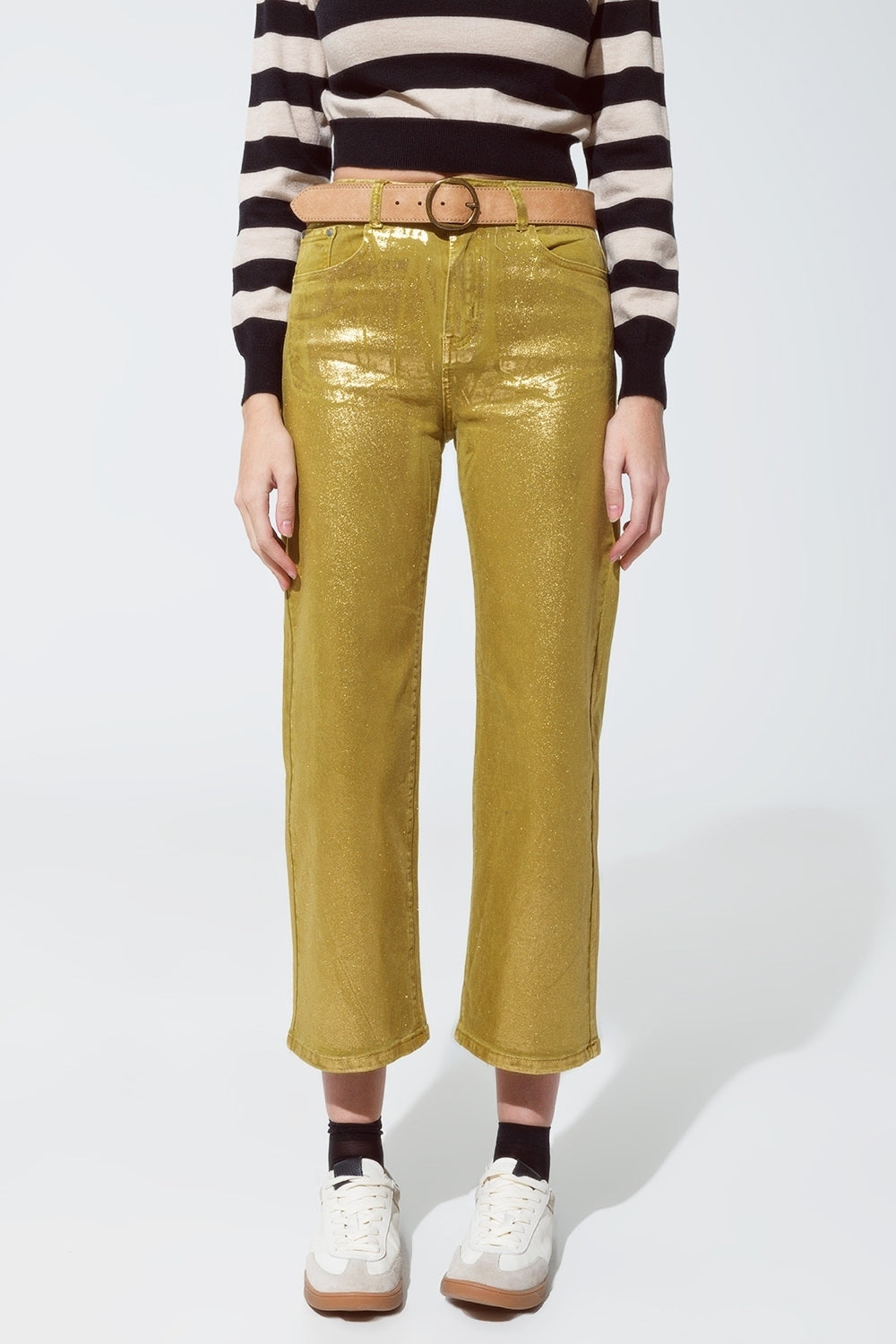 Q2 Green straight leg jeans with gold metallic glow