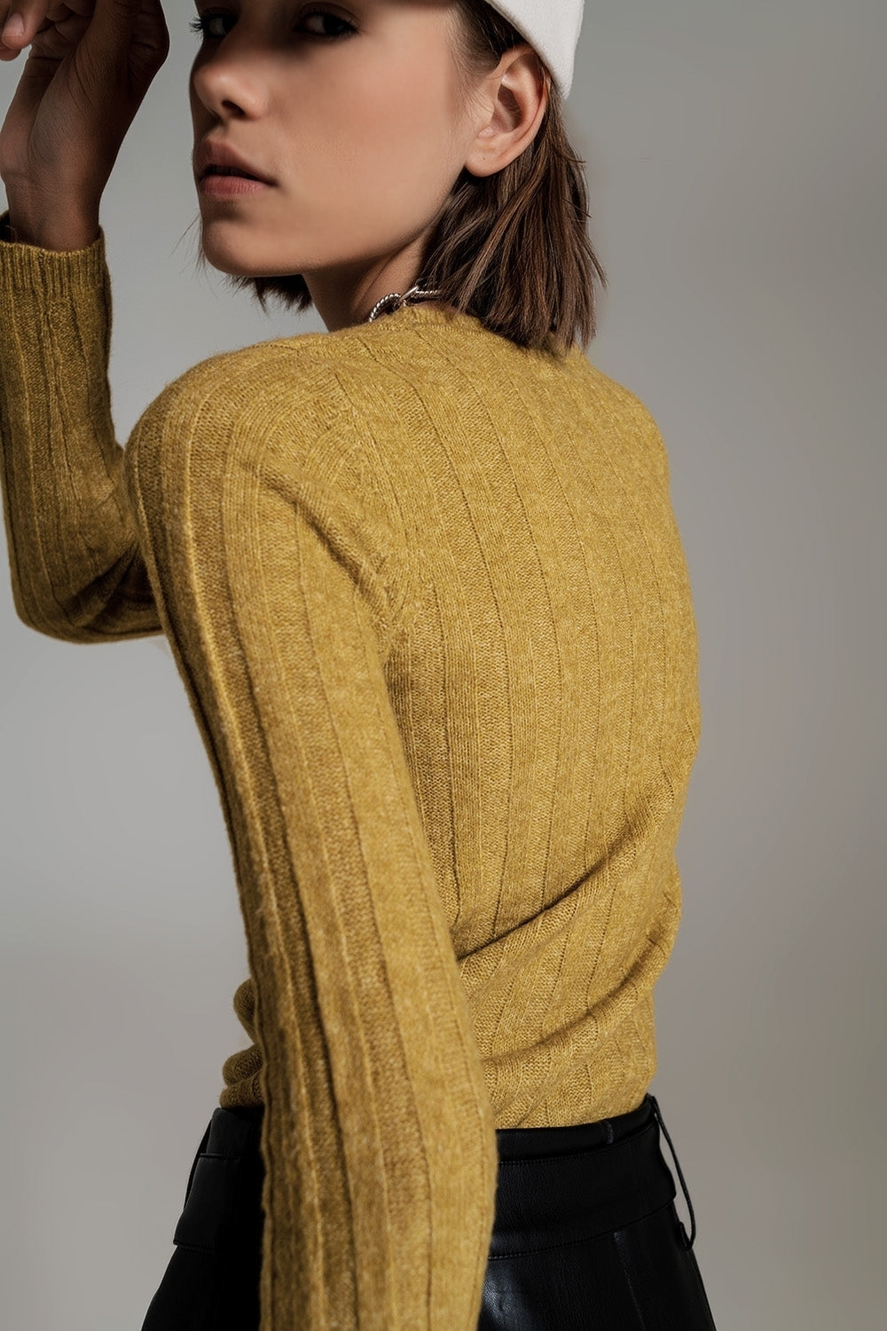 green wide neck ribbed knit sweater