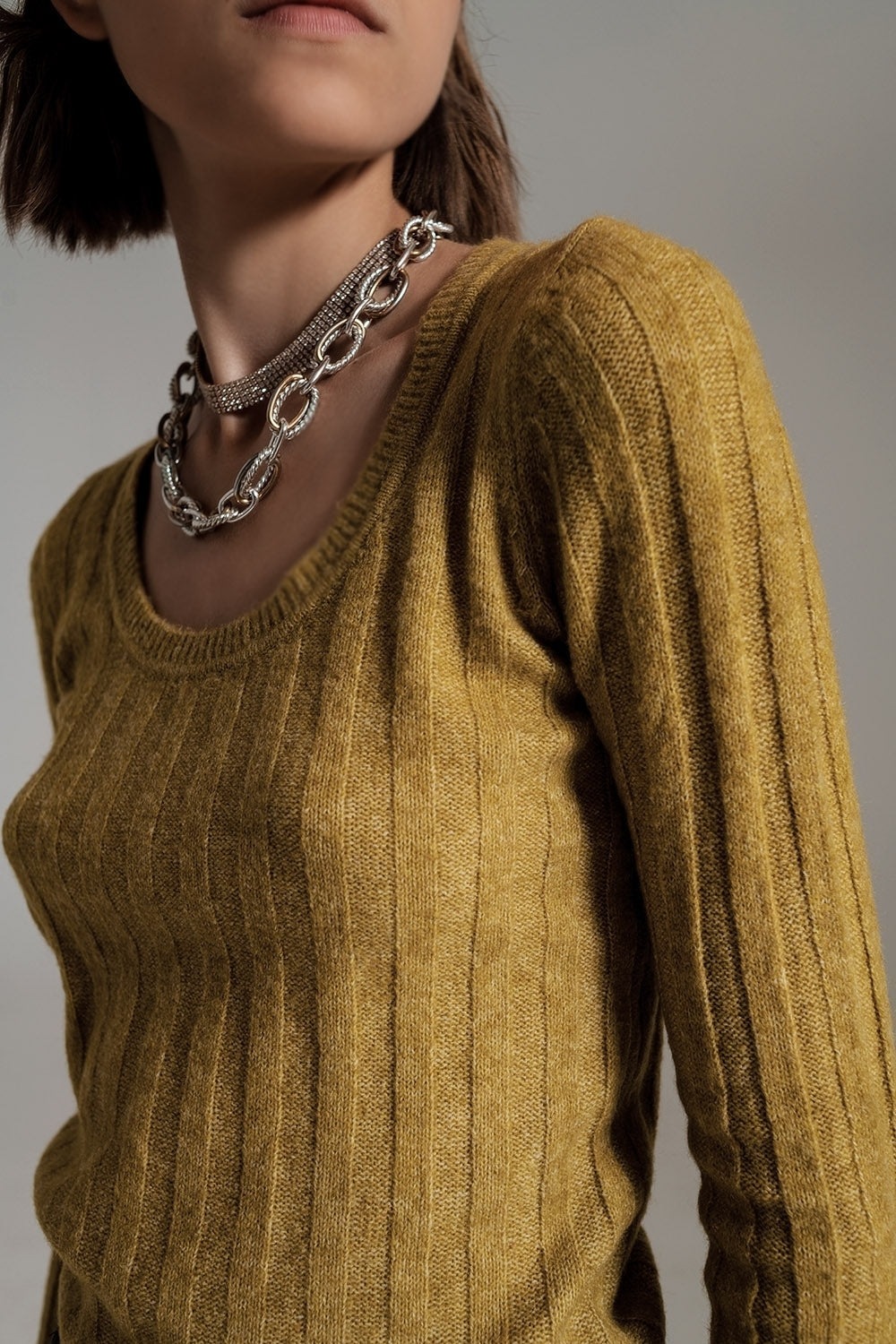 green wide neck ribbed knit sweater