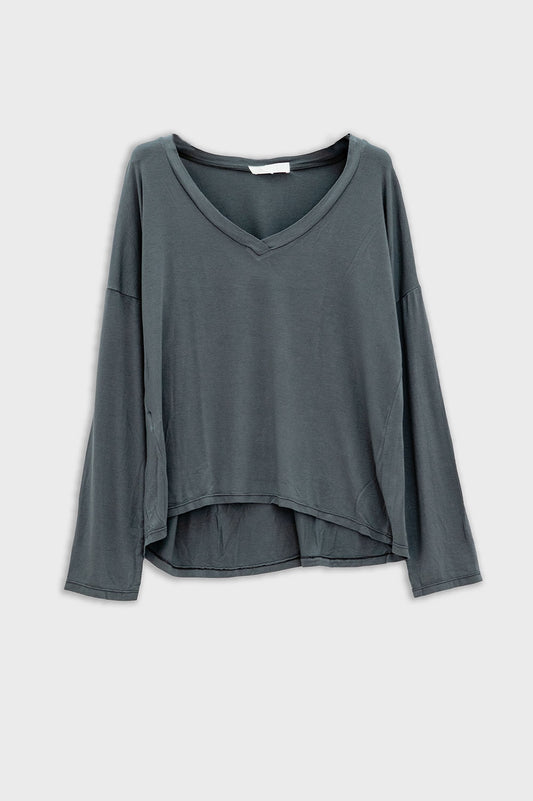 Q2 Grey long sleeve v neck top in modal