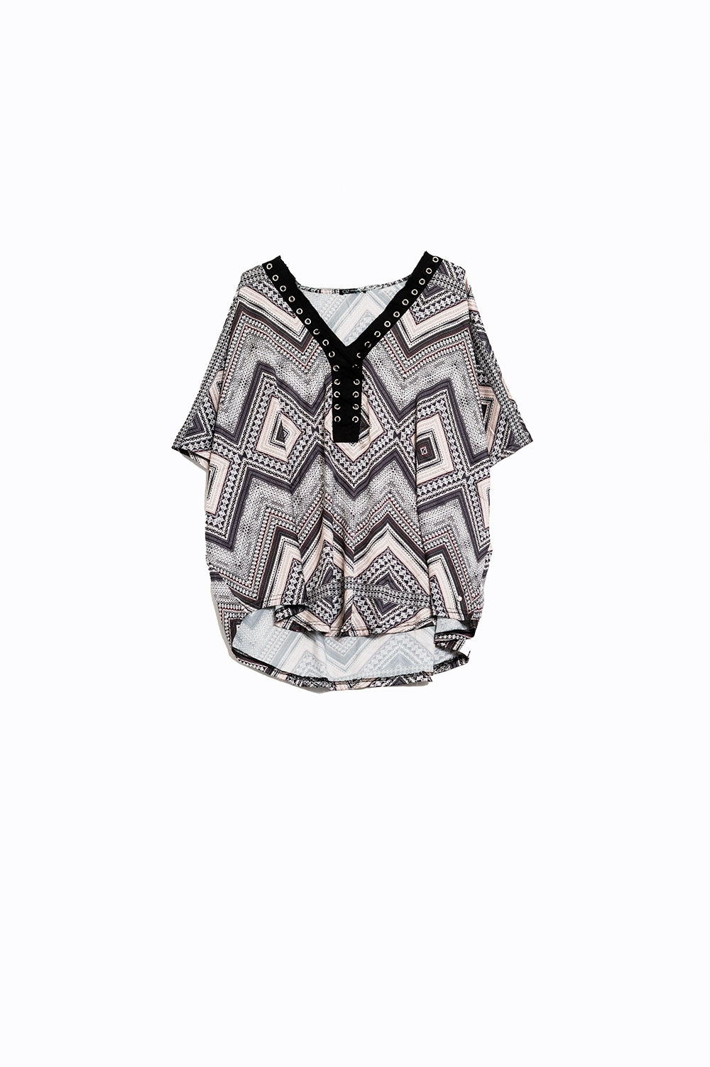 Q2 Grey Shirt with Geo Print and Cross Tie Neck Detail