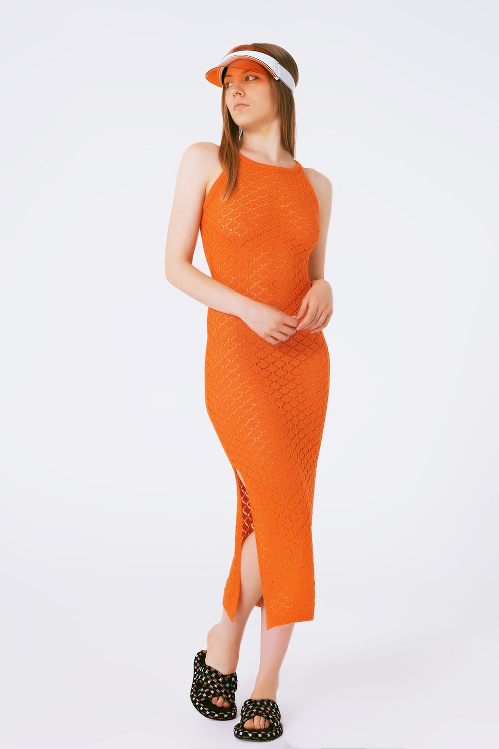 Halter Crochet Midi Dress in orange