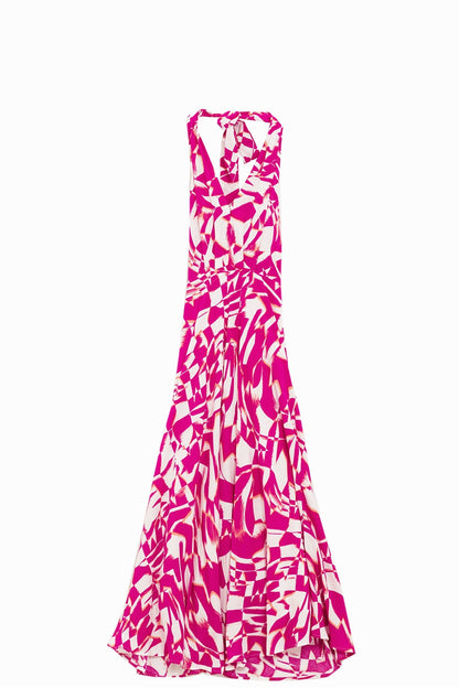 Halter Midi Dress with Cinched Waist In Abstract fuchsia and White Print