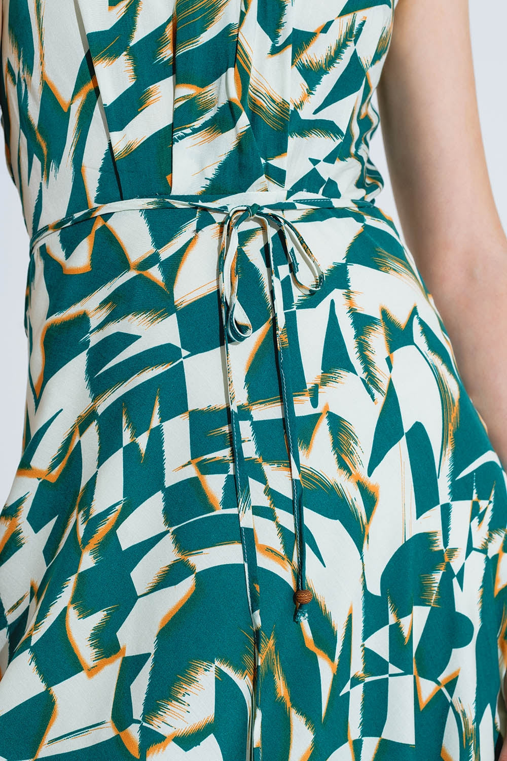 Halter Midi Dress with Cinched Waist In Abstract Green and White Print