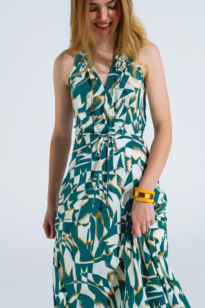 Halter Midi Dress with Cinched Waist In Abstract Green and White Print