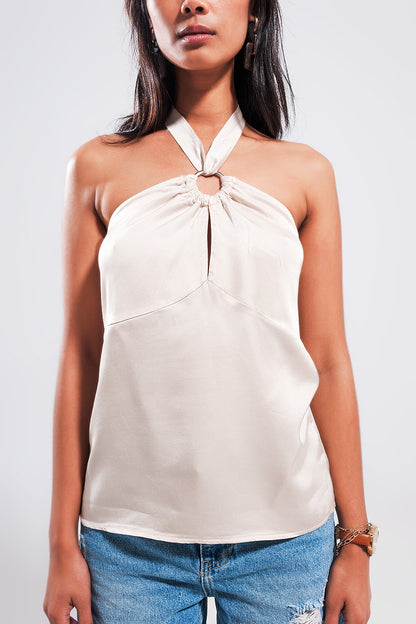 Halter neck crop top with ring detail in beige