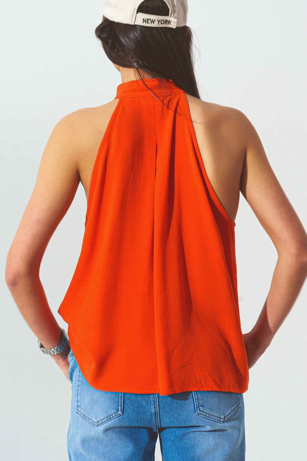 Halter Neck Top with Button Details in Orange