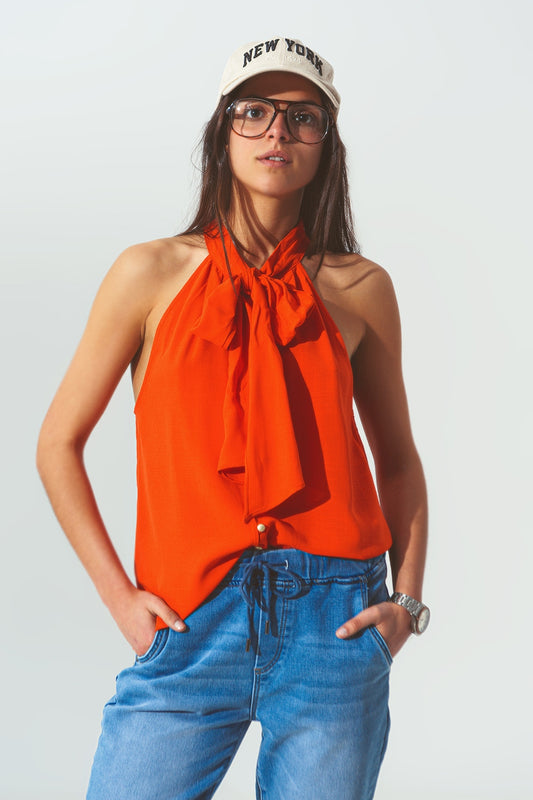 Q2 Halter Neck Top with Button Details in Orange