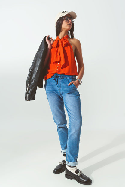 Halter Neck Top with Button Details in Orange