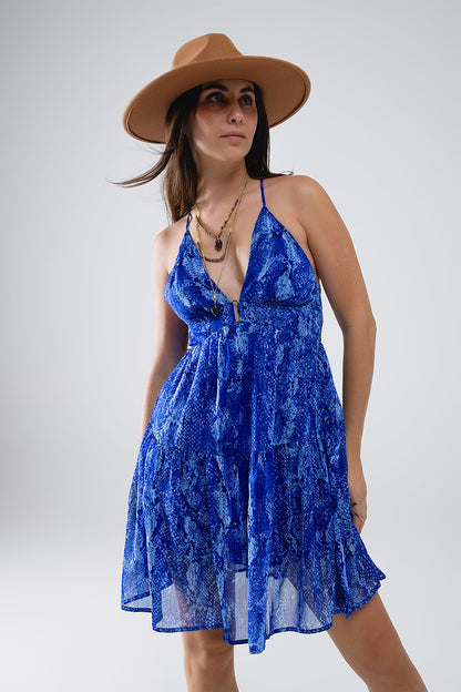 Q2 Halter Open Back BabyDoll Dress in snake Blue Print