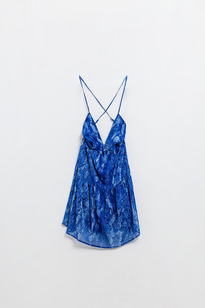 Halter Open Back BabyDoll Dress in snake Blue Print