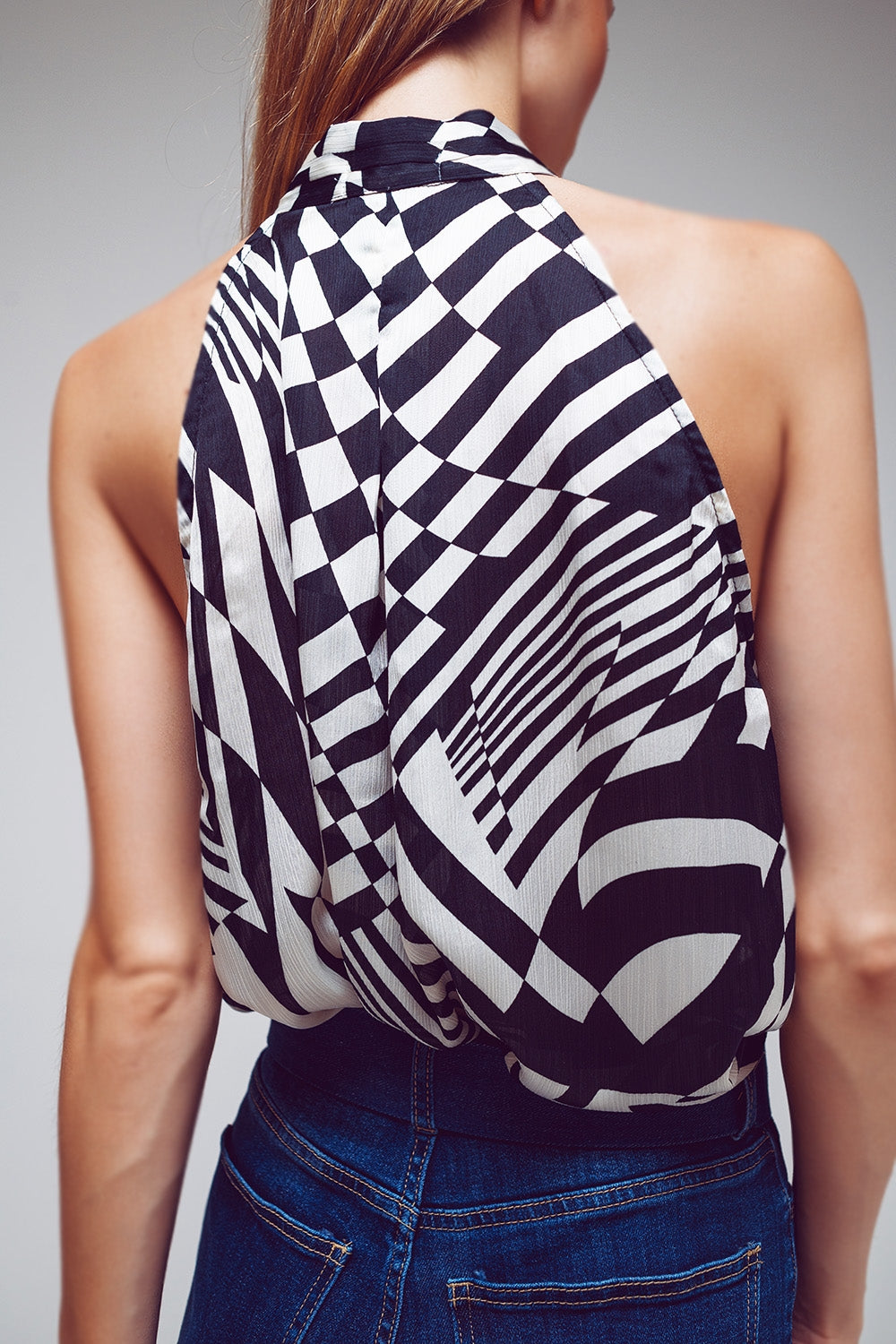 Halter Top With Tie Neck in Abstract Black and White Print