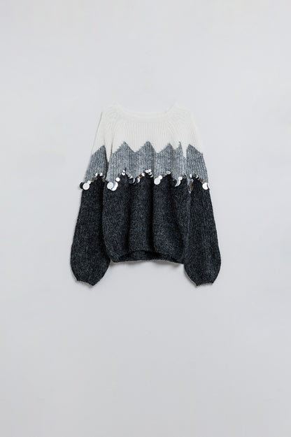 Herringbone Pattern Sweater With Sequin Details In Grey