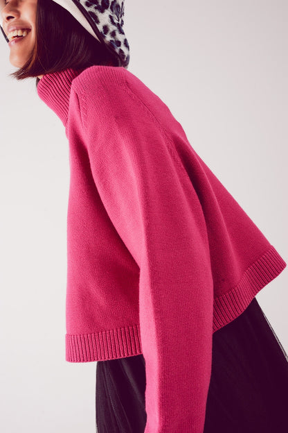 Q2 High neck cropped jumper in fuchsia