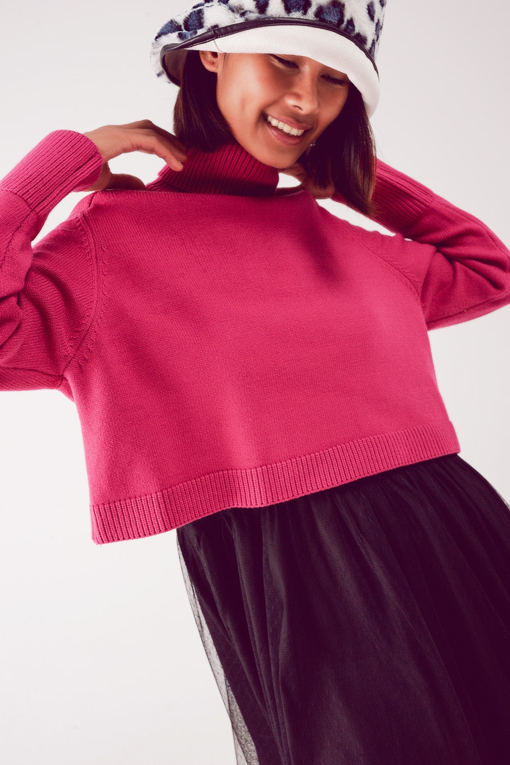 High neck cropped jumper in fuchsia