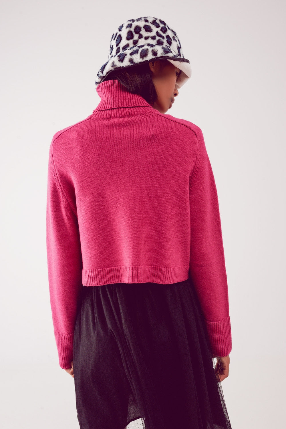 High neck cropped jumper in fuchsia