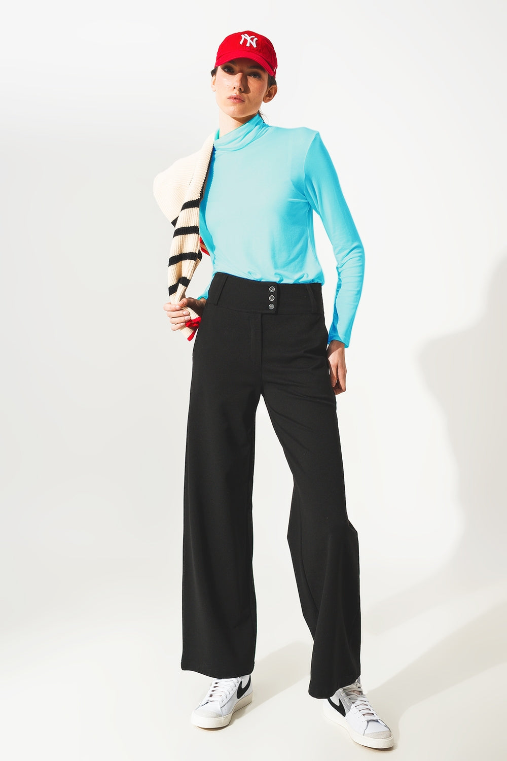 High neck long sleeve top in modal blue