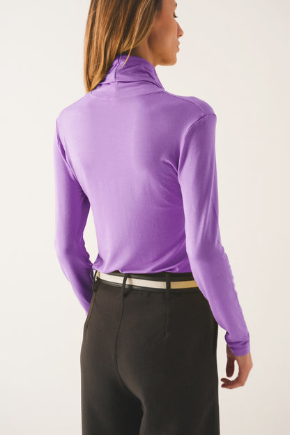 High neck long sleeve top in purple modal