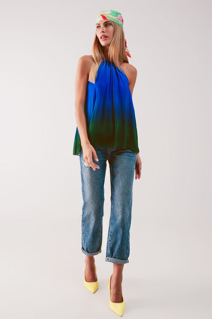 High neck pleat top in blue ombre