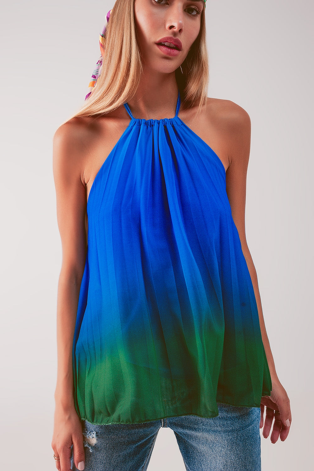 High neck pleat top in blue ombre