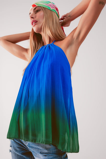 High neck pleat top in blue ombre