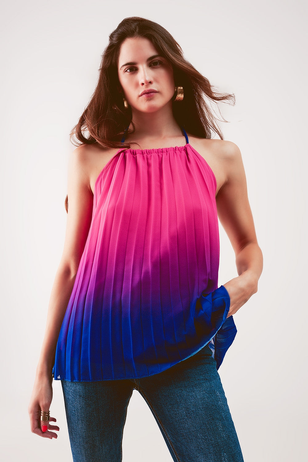 High neck pleat top in fuchsia ombre