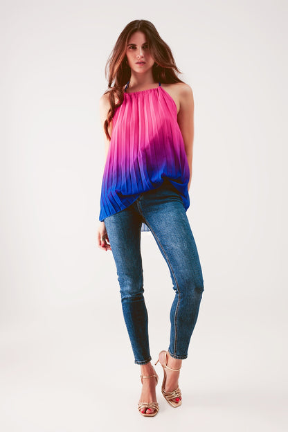 High neck pleat top in fuchsia ombre