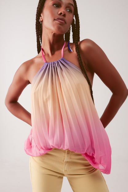 Q2 High neck pleat top in pink ombre