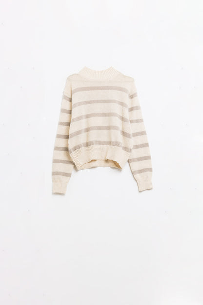 Q2 High Neck striped Sweater in Beige and Cream