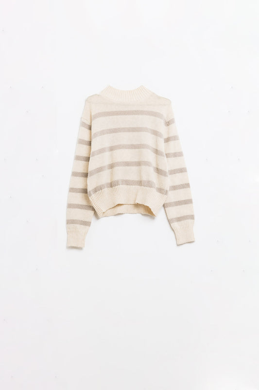 Q2 High Neck striped Sweater in Beige and Cream