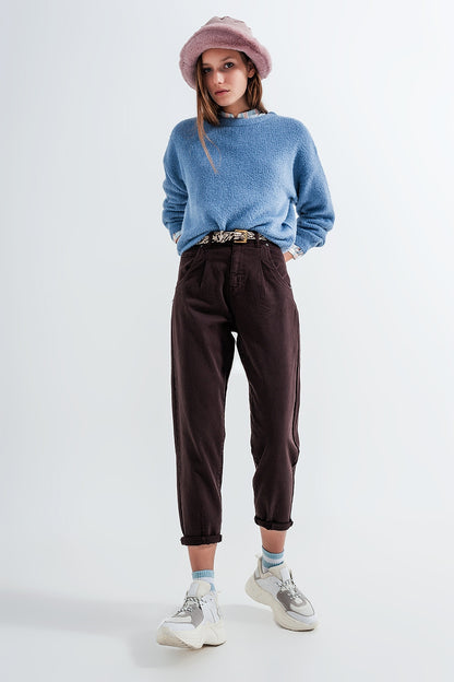 High rise jeans with pleat front in brown