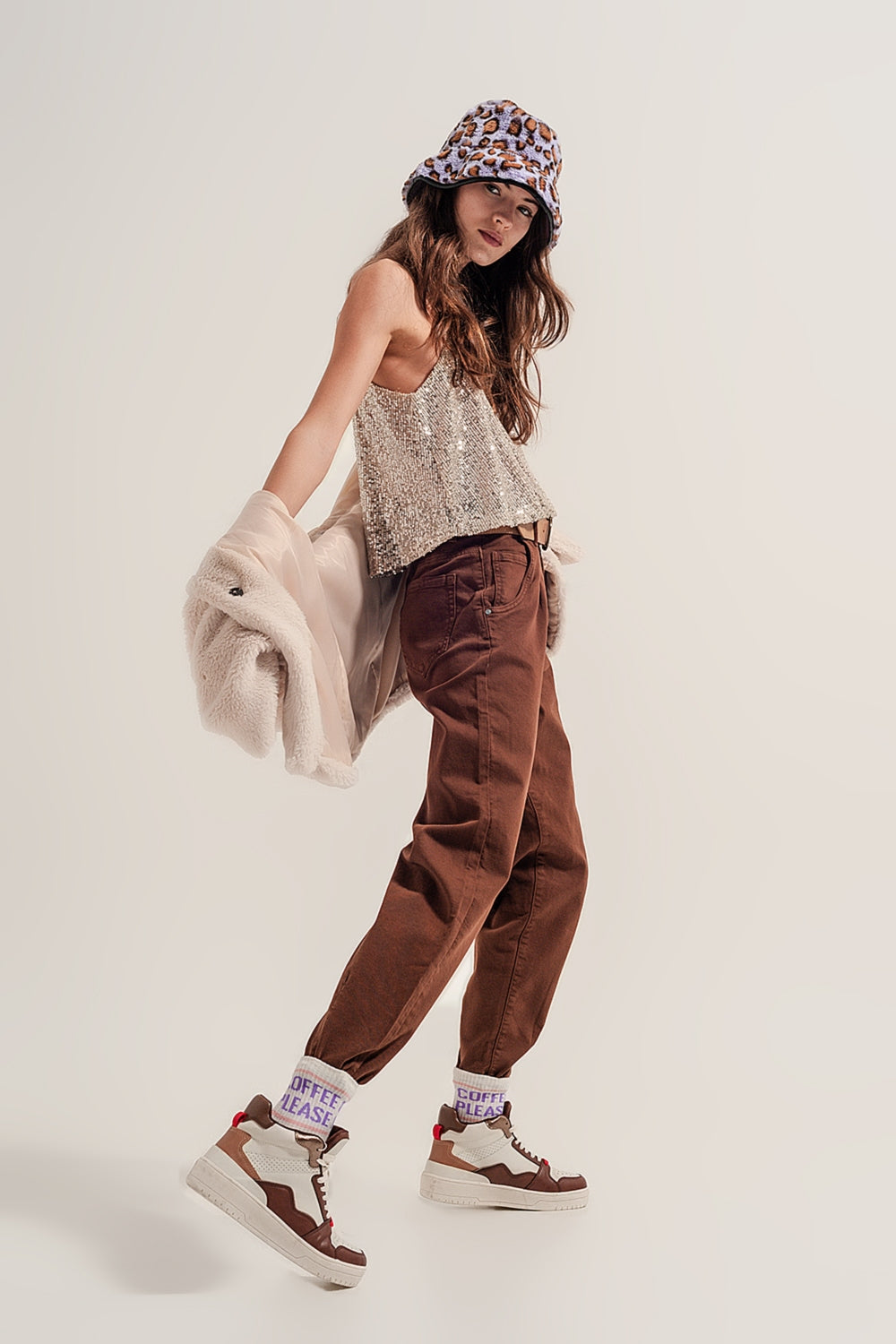 High rise mom jeans with pleat front in brown