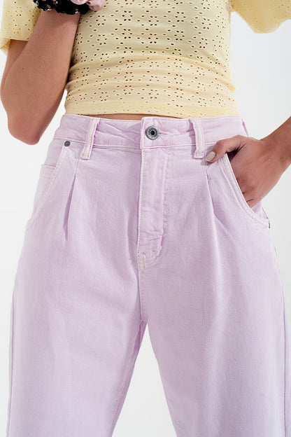 High rise mom jeans with pleat front in lilac