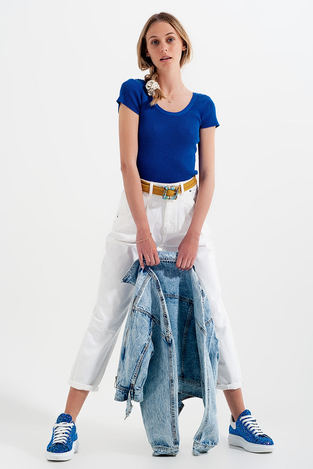 High rise mom jeans with pleat front in white