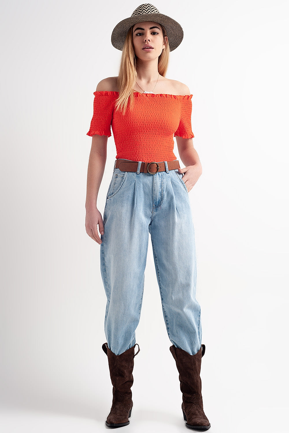 High rise relaxed jeans with pleat front in bleach wash