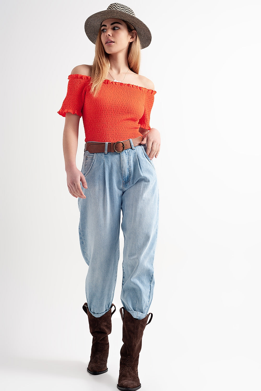 High rise relaxed jeans with pleat front in bleach wash