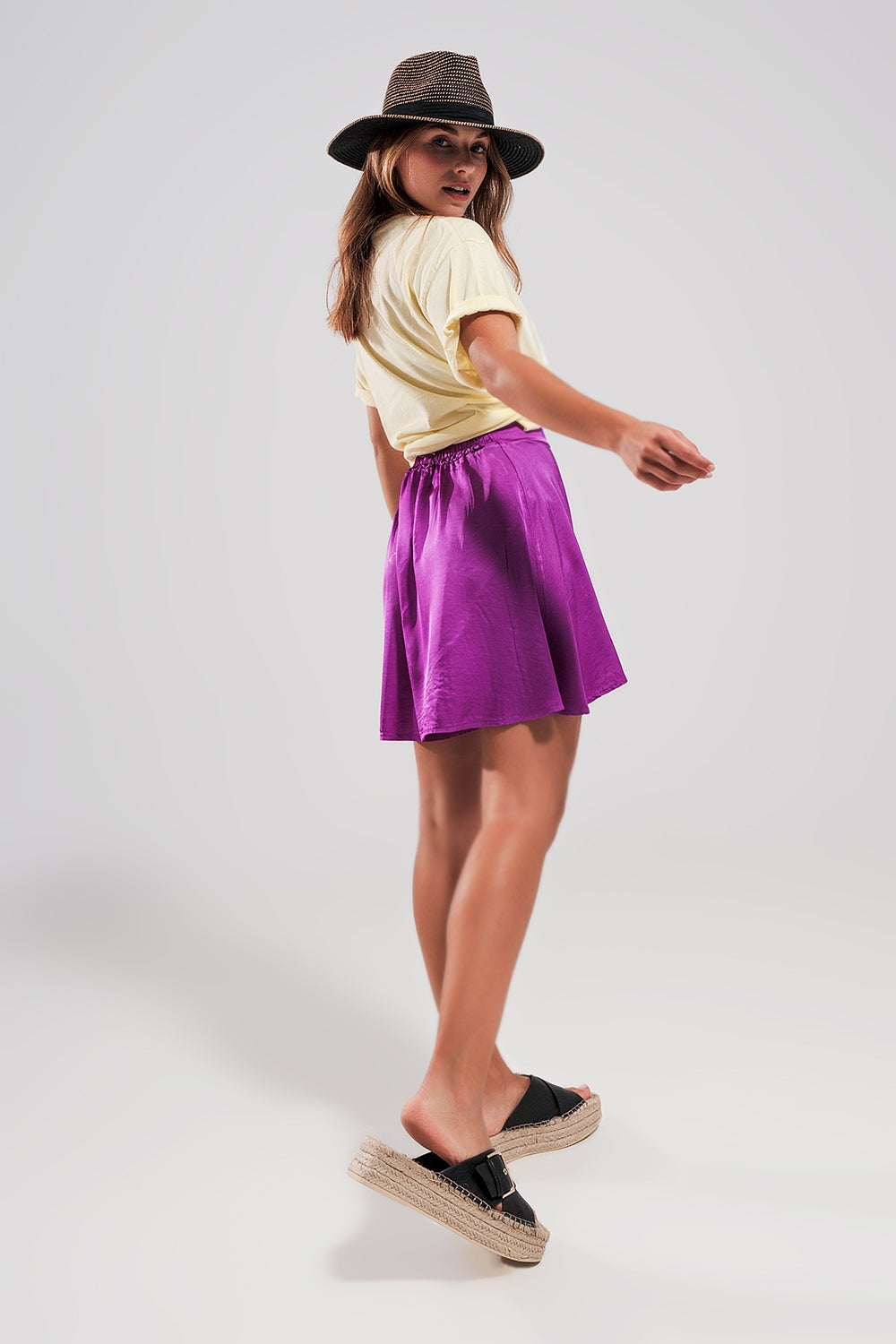 High rise satin shorts in purple