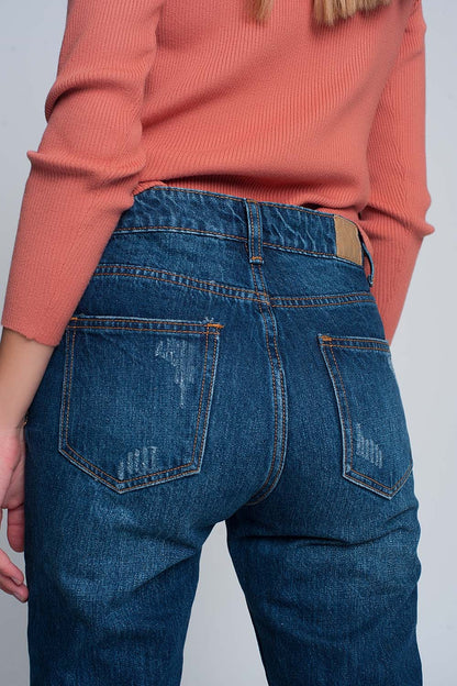 High rise slim mom jeans in blue wash with front rips