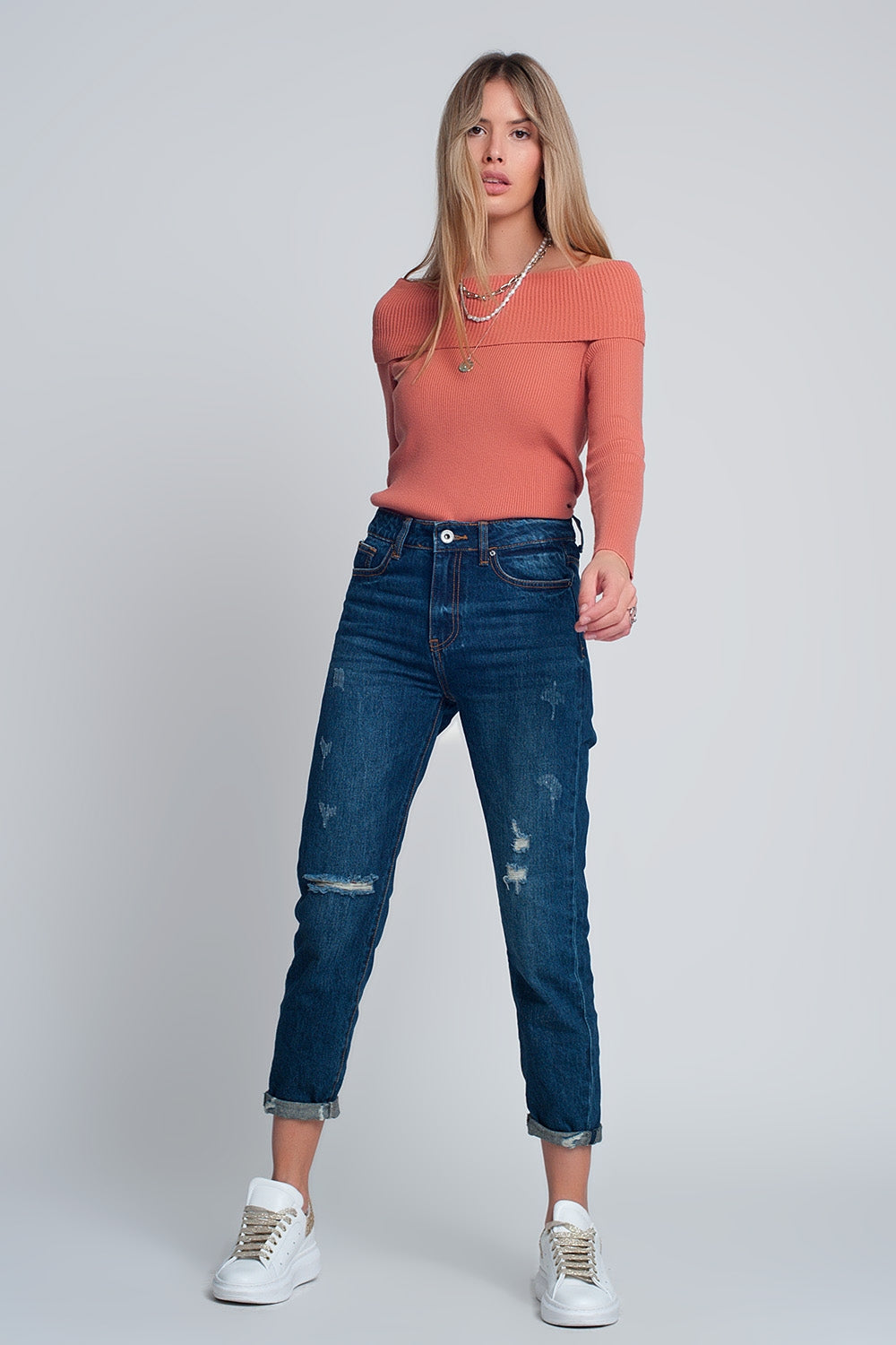 High rise slim mom jeans in blue wash with front rips