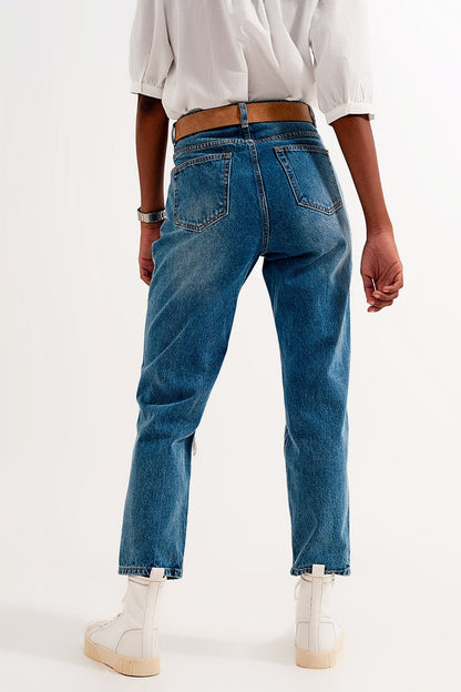 High rise slim mom jeans in midwash with rips