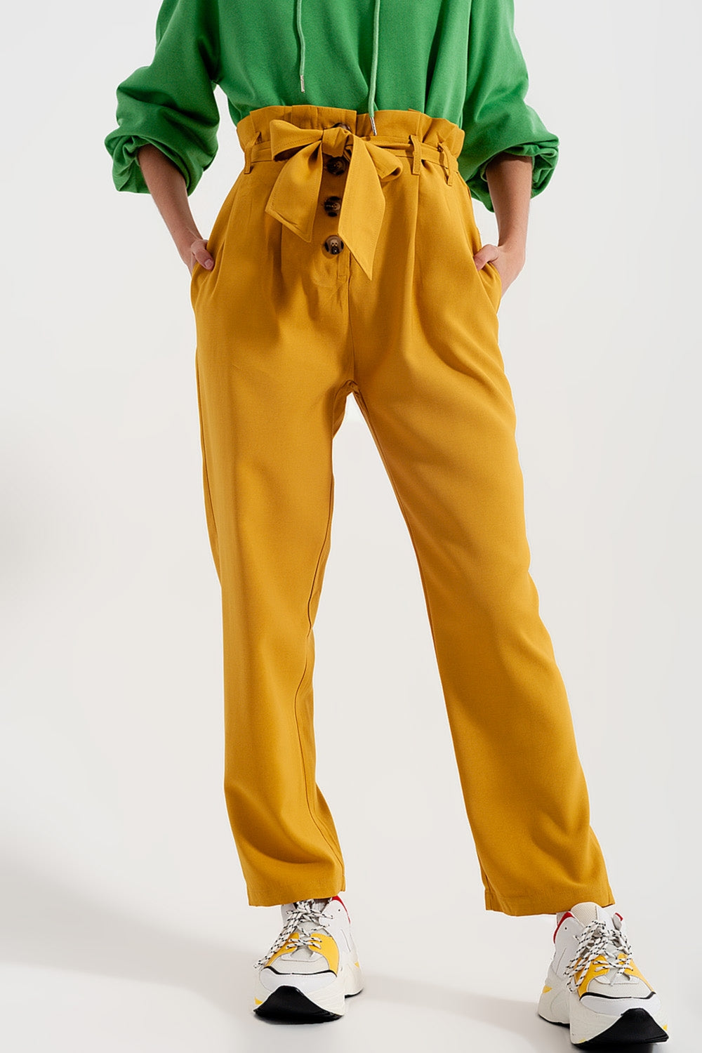 High waist belted paperbag trousers in yellow