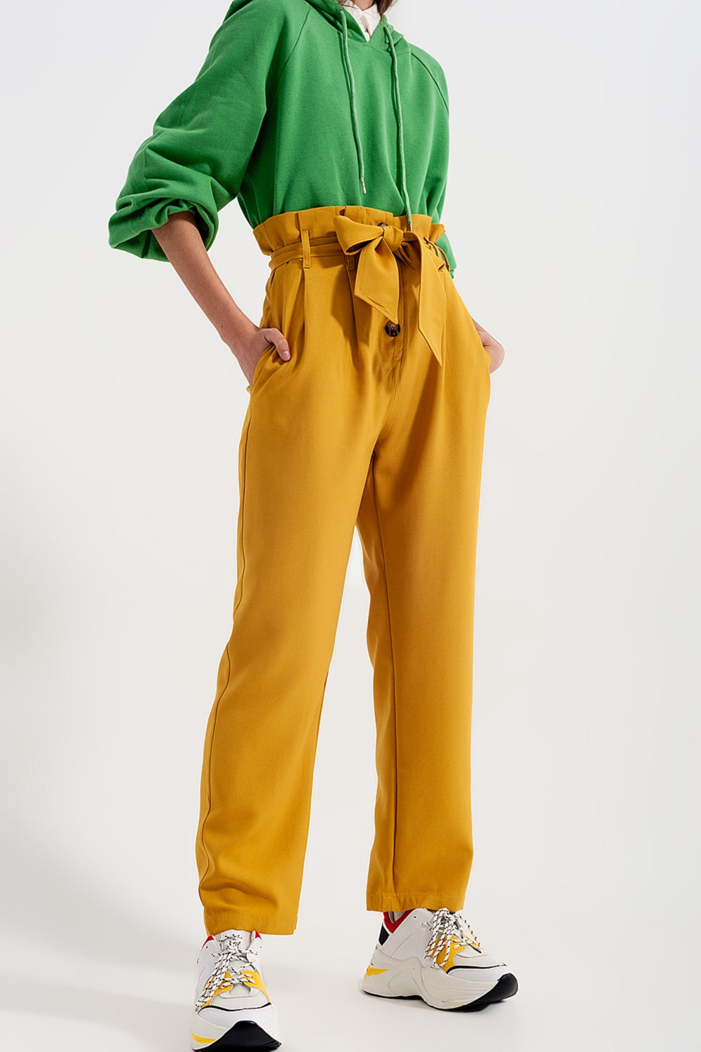 Q2 High waist belted paperbag trousers in yellow