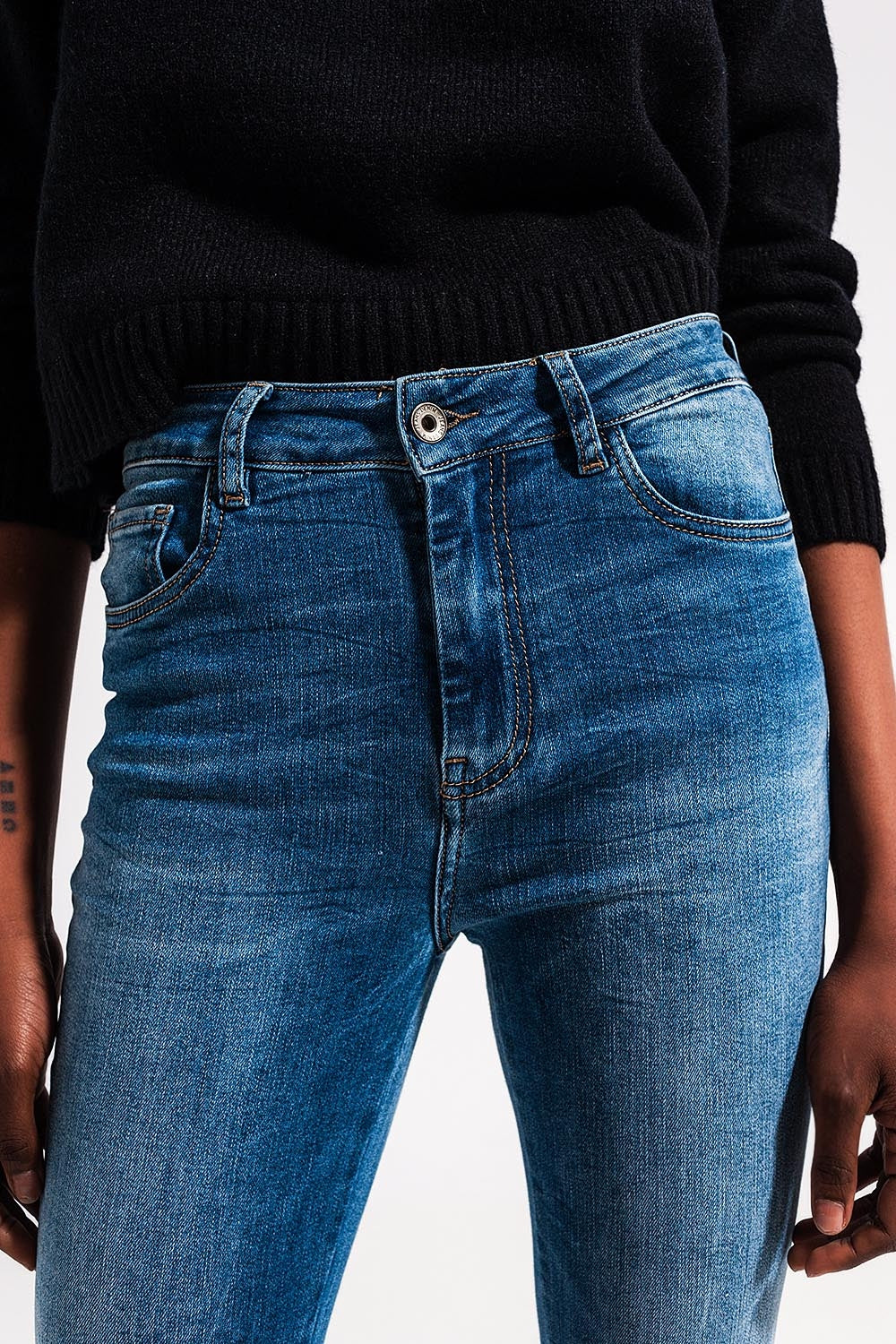 High waist Elastic skinny jeans in mid blue