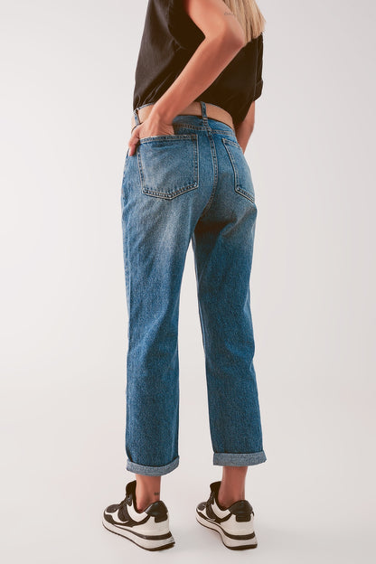 High waist jean with thigh slash in midblue