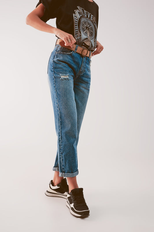 Q2 High waist jean with thigh slash in midblue