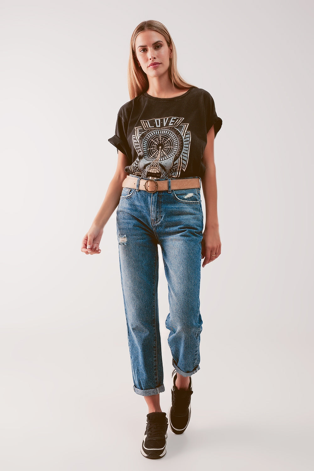 High waist jean with thigh slash in midblue