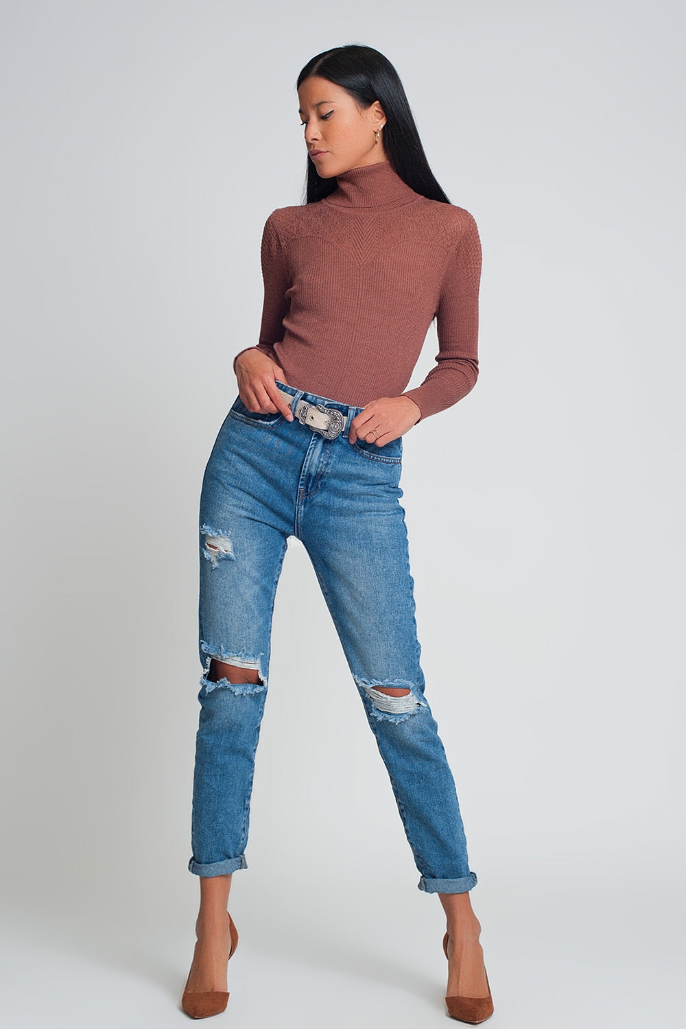 High waist mom jeans with ripped knees in dark wash blue